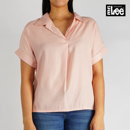 Stylistic Mr. Lee Ladies Basic Woven for Women with Collar Trendy Fashion High Quality Apparel Comfortable Casual Shirt for Women Relaxed Fit 142974 (Pink)